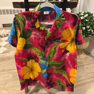 Women's Pink Floral Hawaiian Shirt with Yellow Flowers - Medium